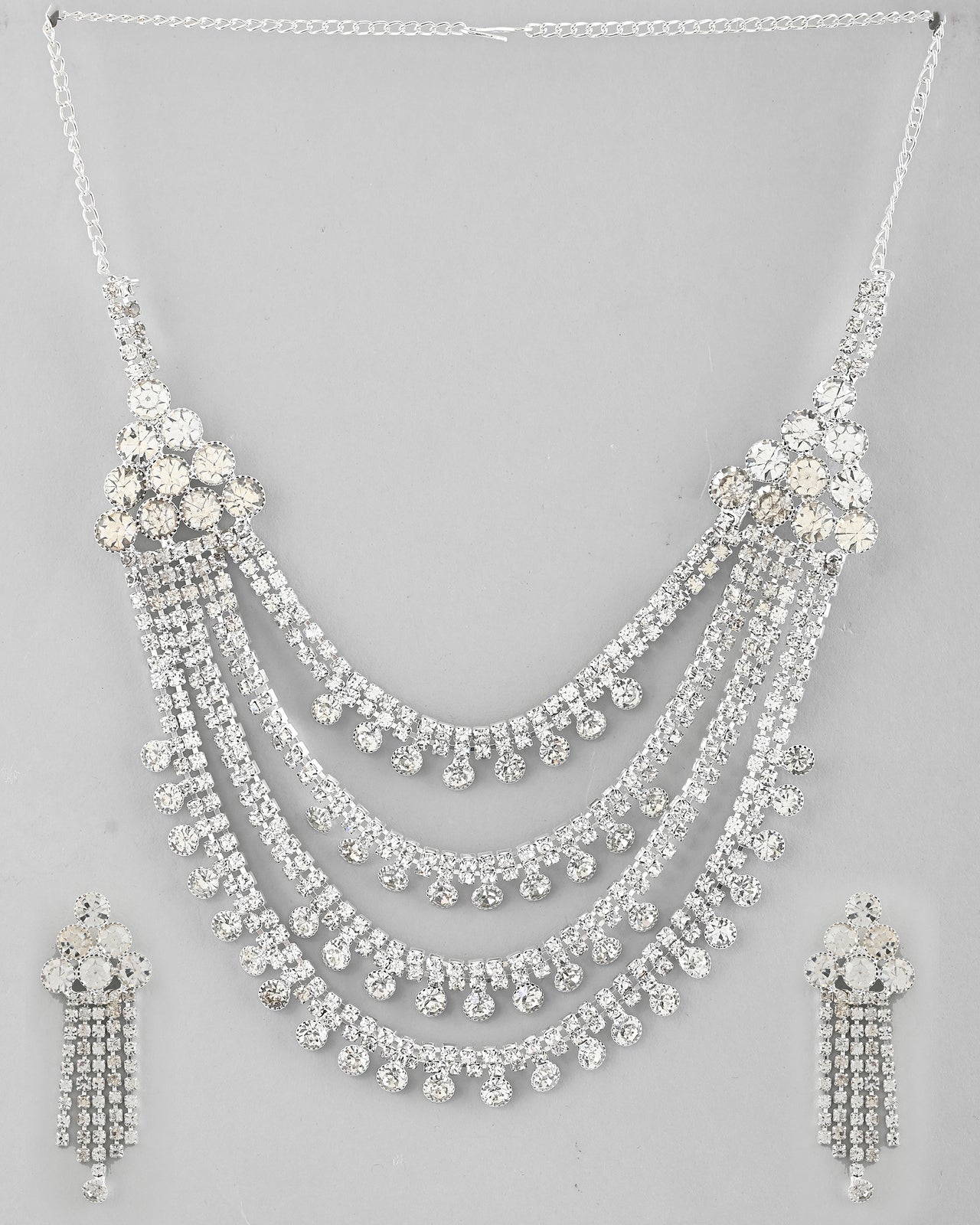 VOJ Silver Plated Stone Studded Multi Layer Jewellery Set