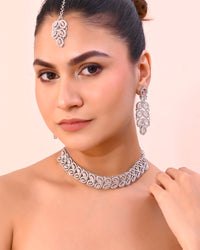 Thumbnail for VOJ Silver Plated Baby Pink AD Stone Studded Designer Jewellery Set With Mangtikka