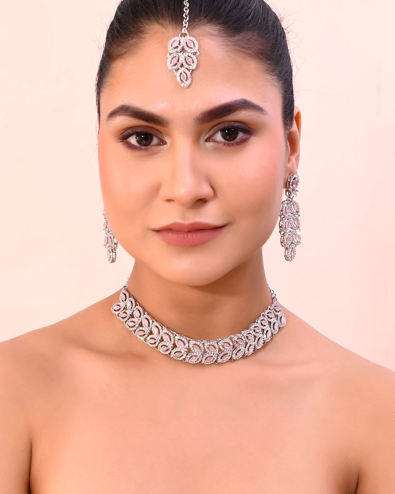 VOJ Silver Plated Baby Pink AD Stone Studded Designer Jewellery Set With Mangtikka