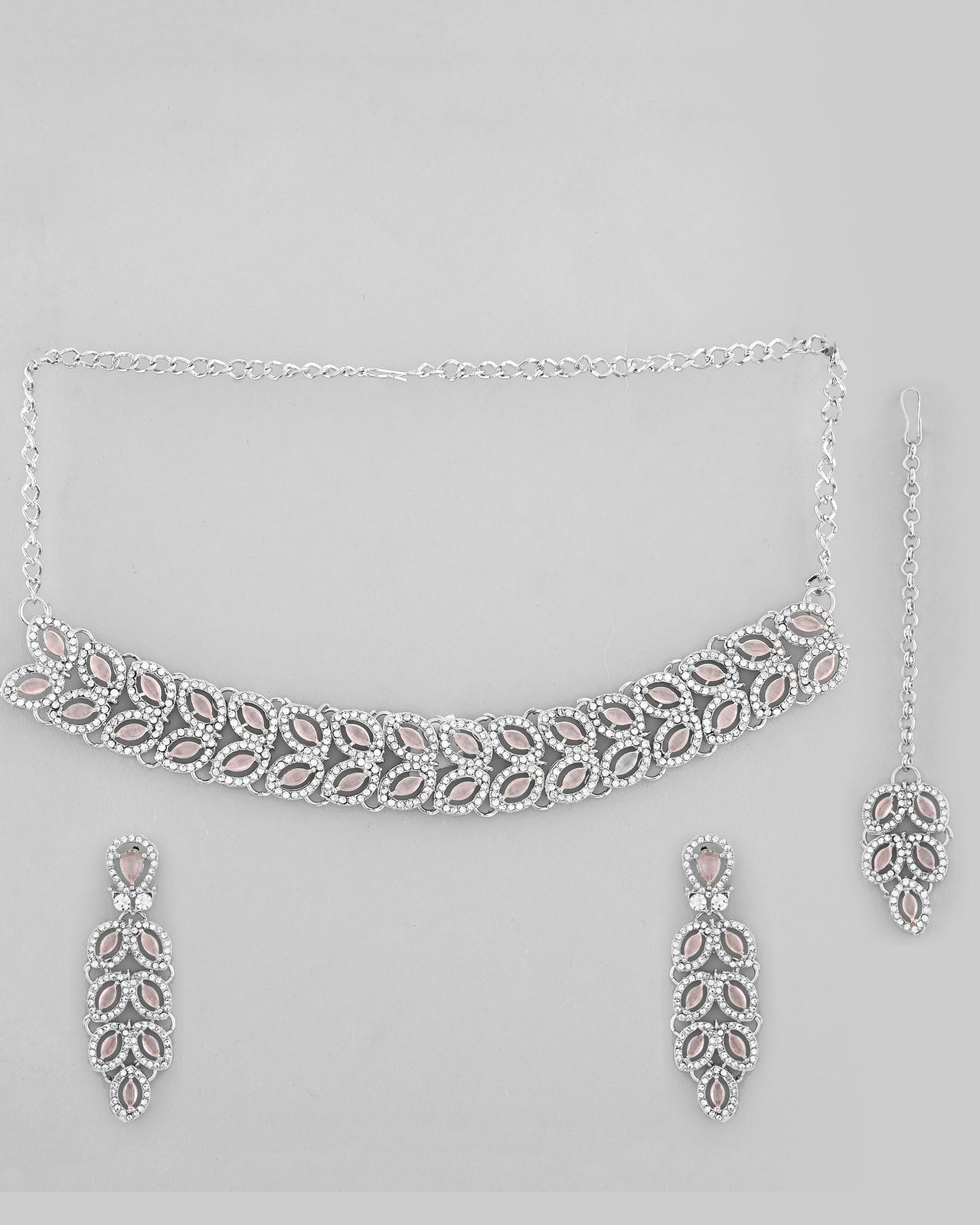 VOJ Silver Plated Baby Pink AD Stone Studded Designer Jewellery Set With Mangtikka