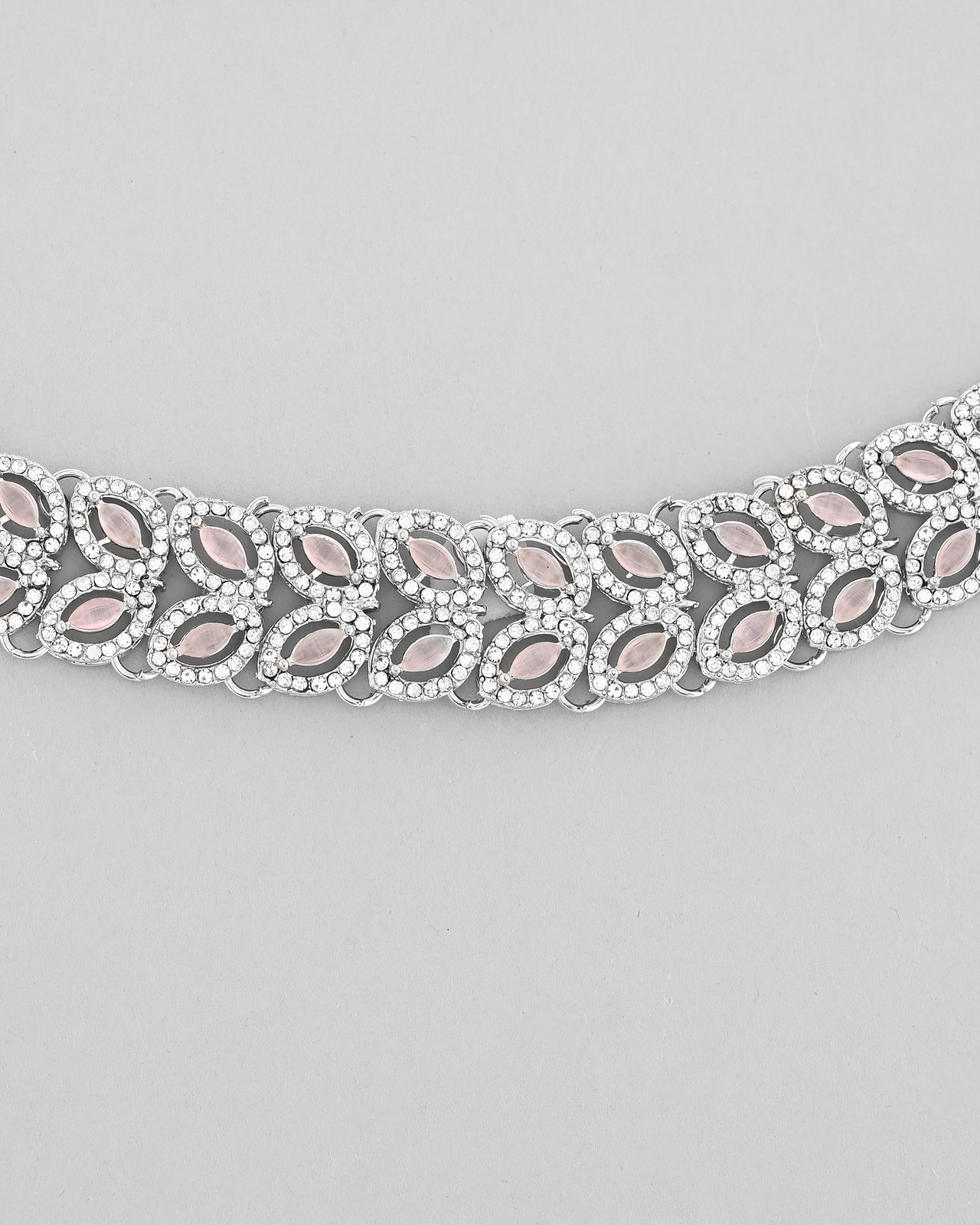 VOJ Silver Plated Baby Pink AD Stone Studded Designer Jewellery Set With Mangtikka