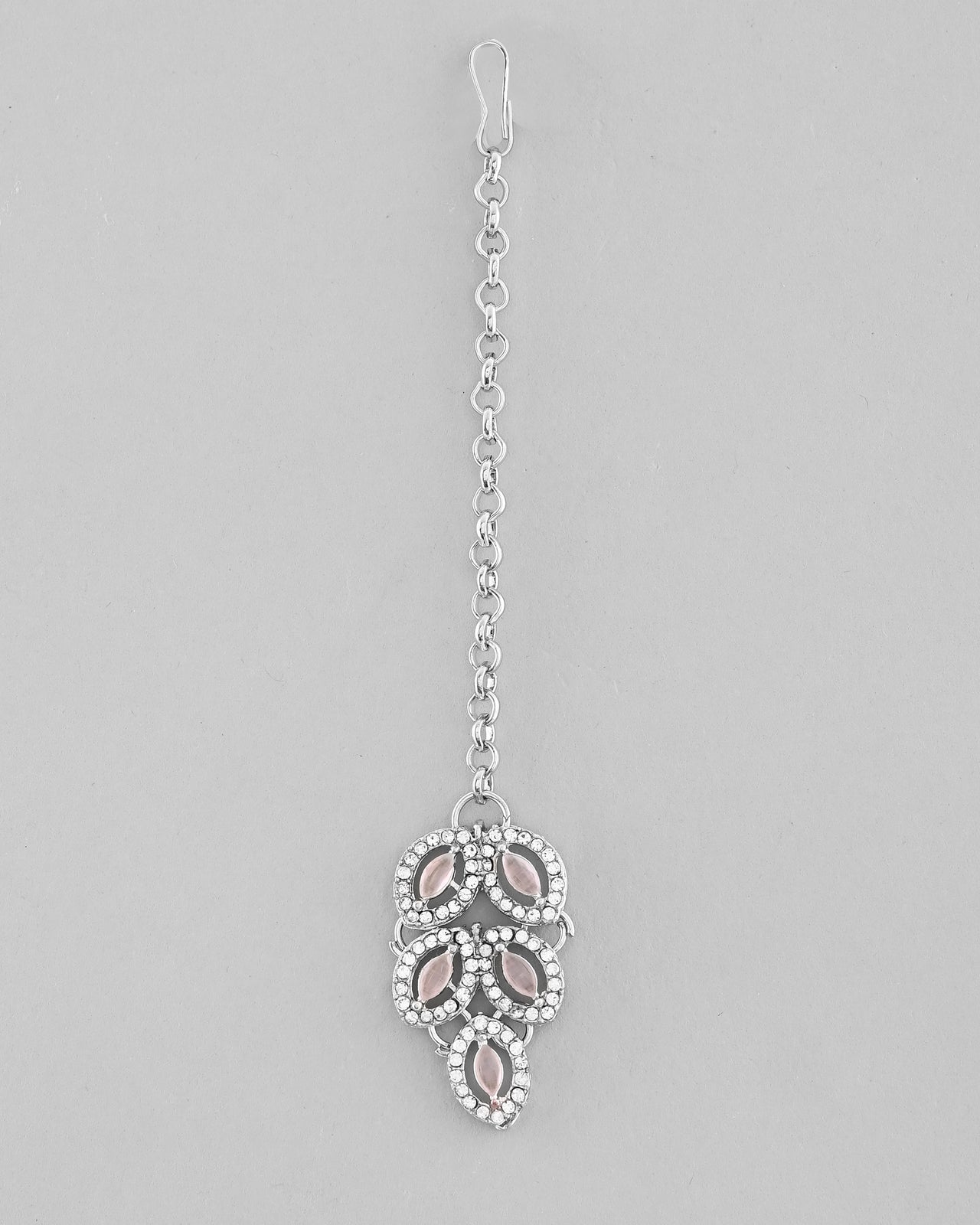 VOJ Silver Plated Baby Pink AD Stone Studded Designer Jewellery Set With Mangtikka
