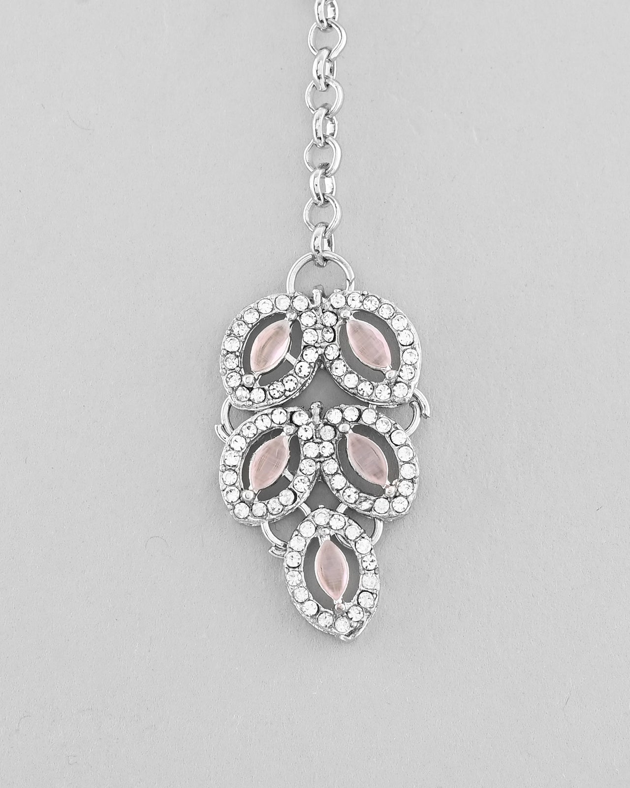 VOJ Silver Plated Baby Pink AD Stone Studded Designer Jewellery Set With Mangtikka