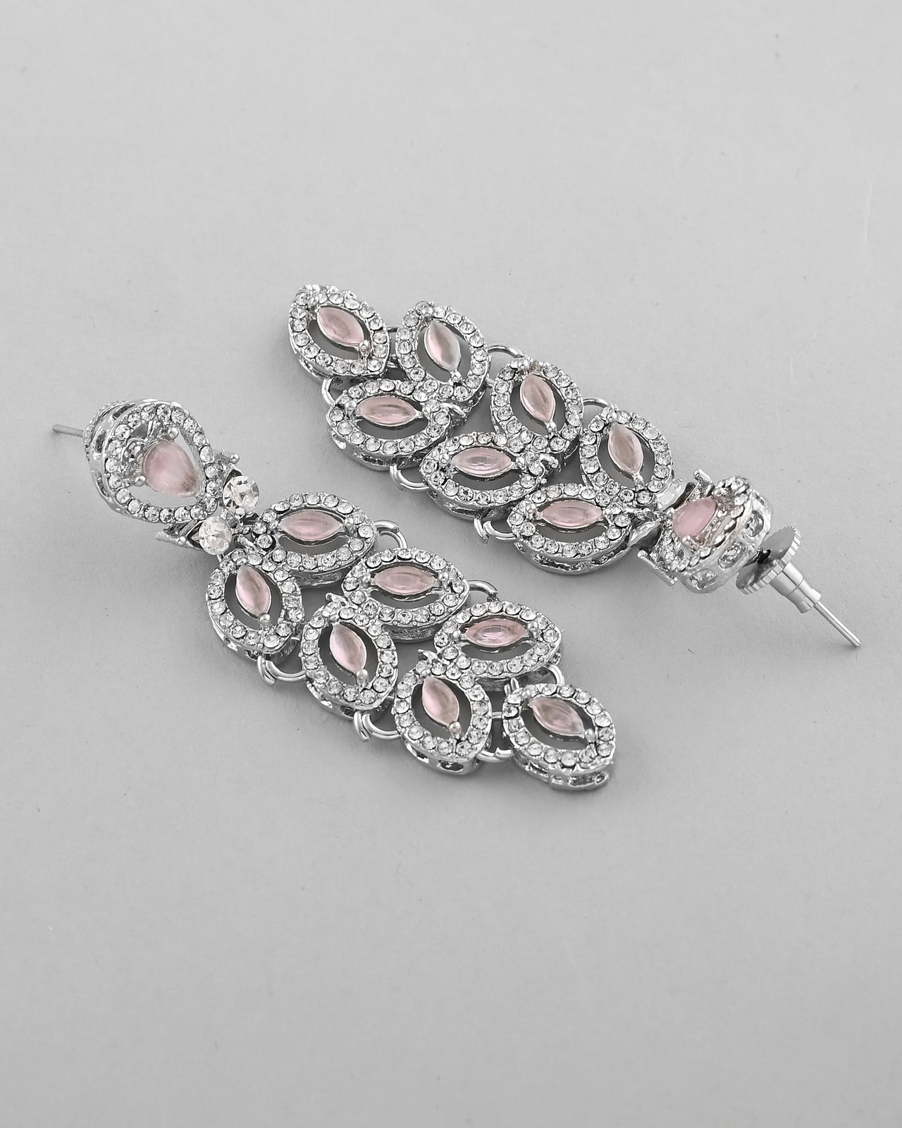 VOJ Silver Plated Baby Pink AD Stone Studded Designer Jewellery Set With Mangtikka