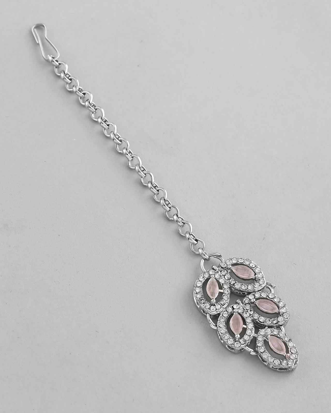 VOJ Silver Plated Baby Pink AD Stone Studded Designer Jewellery Set With Mangtikka