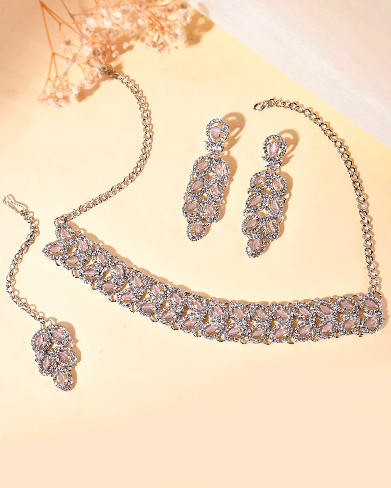 VOJ Silver Plated Baby Pink AD Stone Studded Designer Jewellery Set With Mangtikka