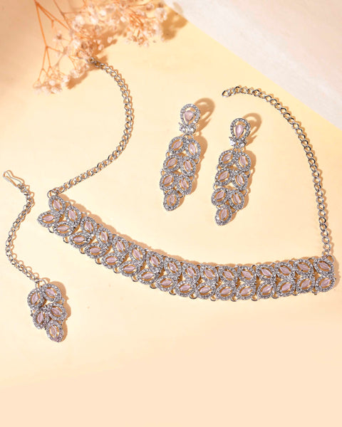 VOJ Silver Plated Baby Pink AD Stone Studded Designer Jewellery Set With Mangtikka