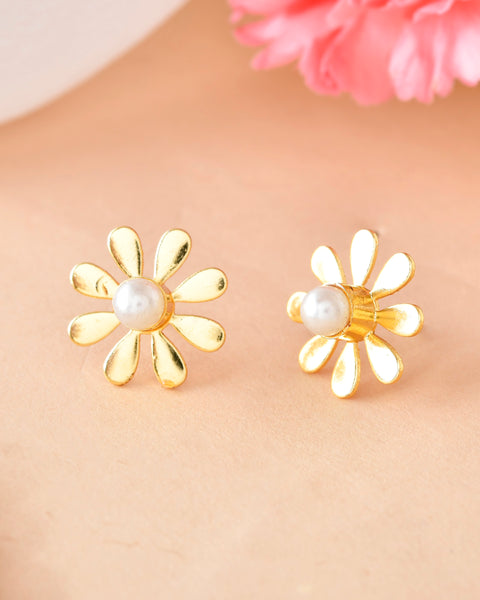 VOJ Gold Plated Flower Shaped Pearl Stud Earrings