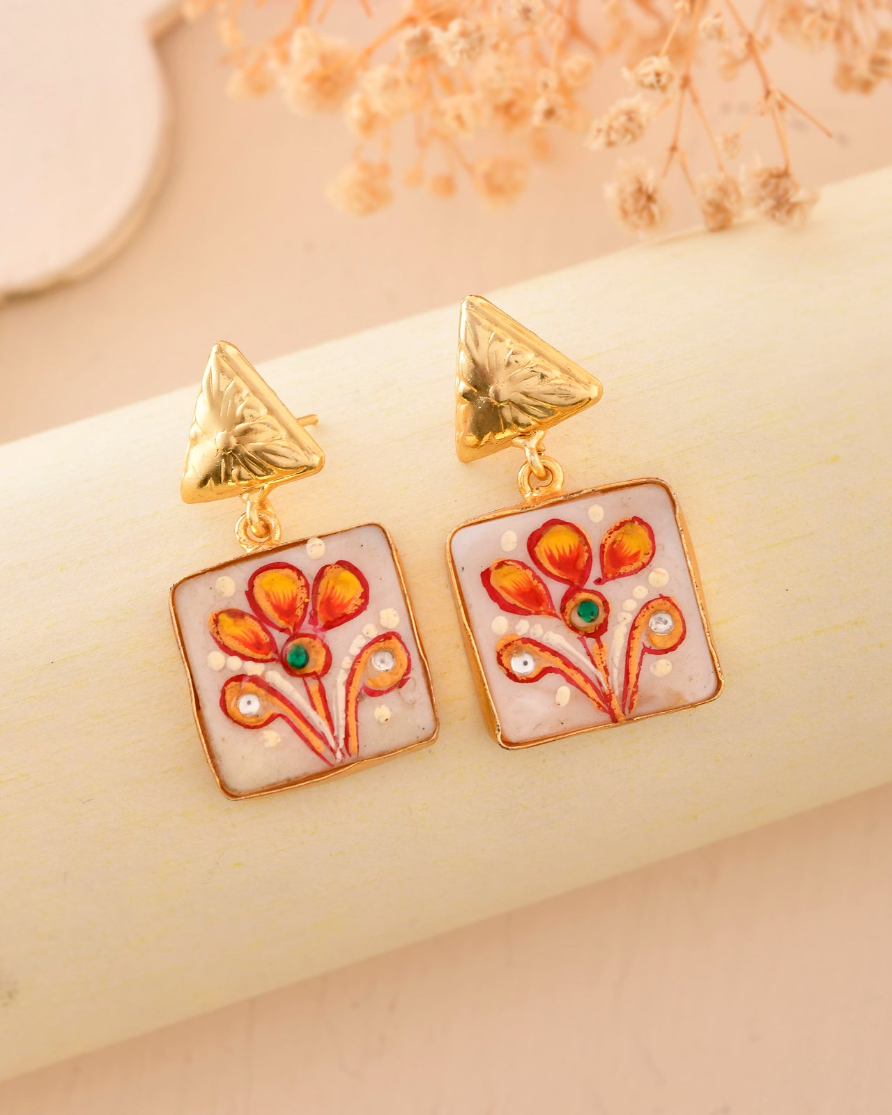VOJ Gold Plated Hand Painted Drop Stud Earrings
