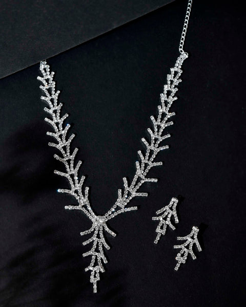 VOJ AD Stone Studded Silver Plated Designer Jewellery Set