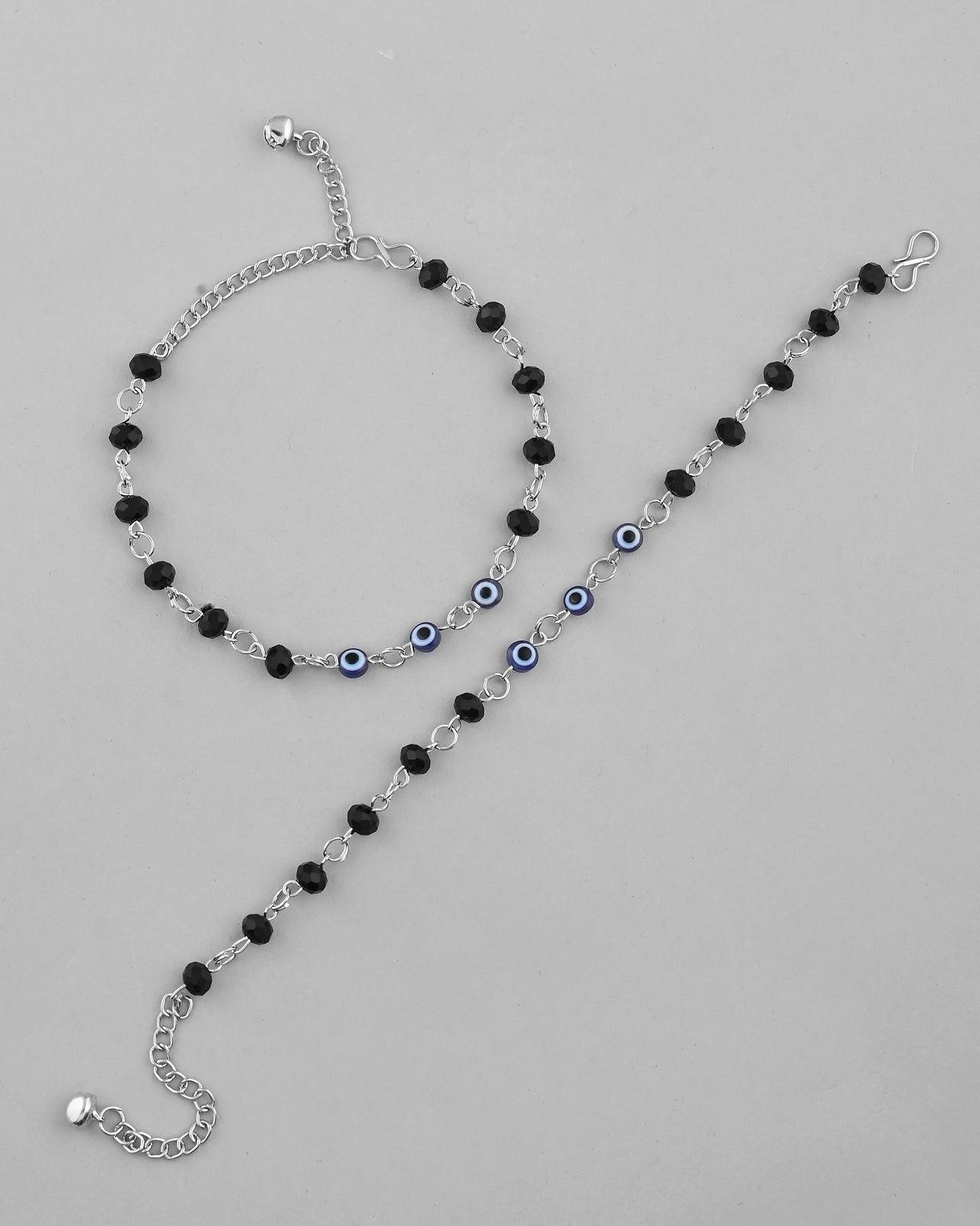 VOJ Set Of 2 Silver Plated With Black beads and Evil Eye Anklet