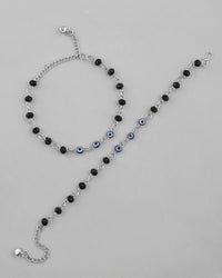 Thumbnail for VOJ Set Of 2 Silver Plated With Black beads and Evil Eye Anklet