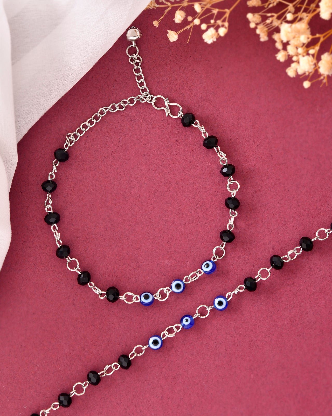 VOJ Set Of 2 Silver Plated With Black beads and Evil Eye Anklet