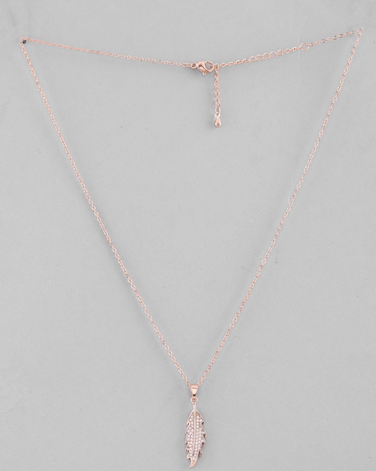 VOJ Rose Gold Plated Chain With AD Studded Leaf Shaped Pendent