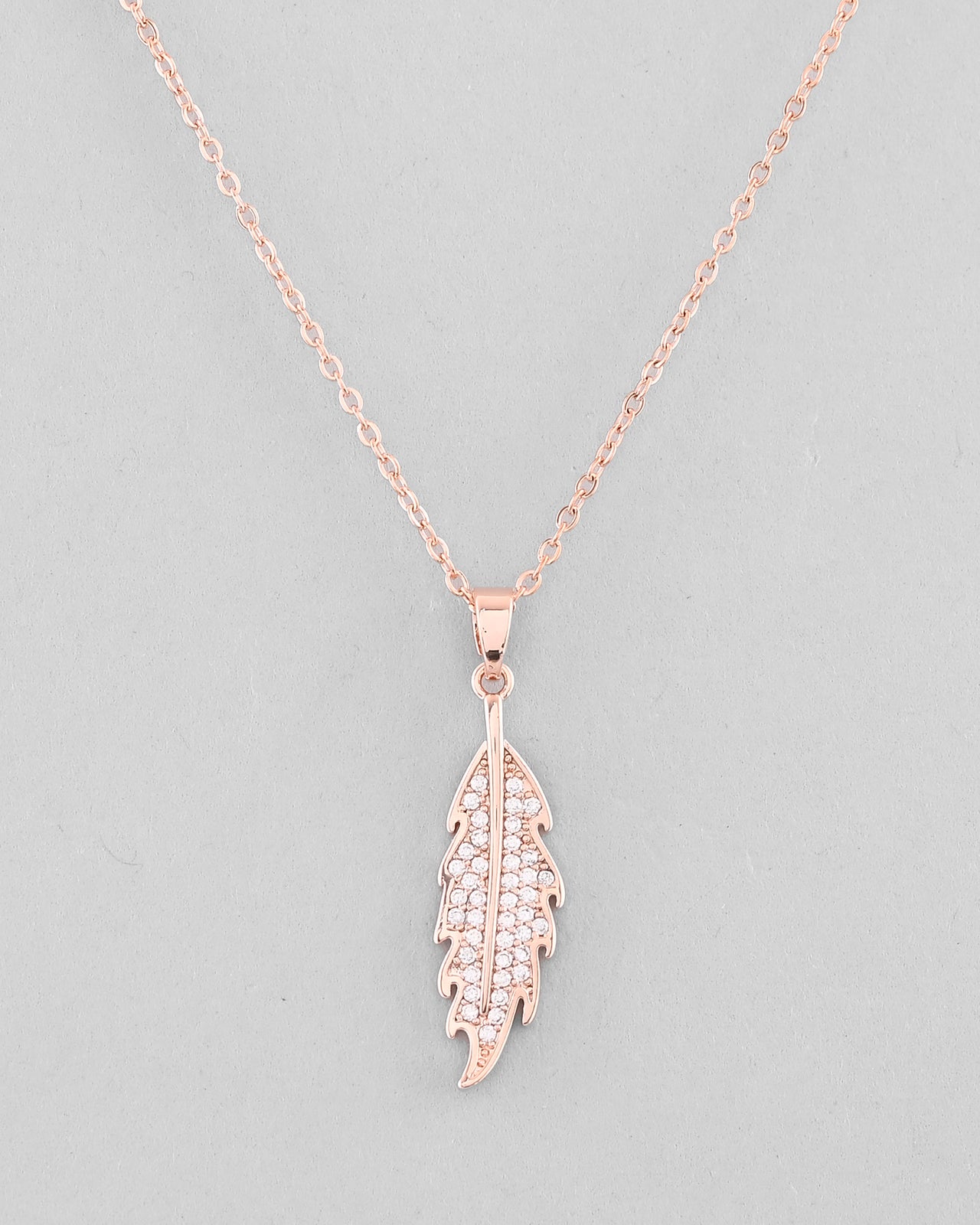 VOJ Rose Gold Plated Chain With AD Studded Leaf Shaped Pendent