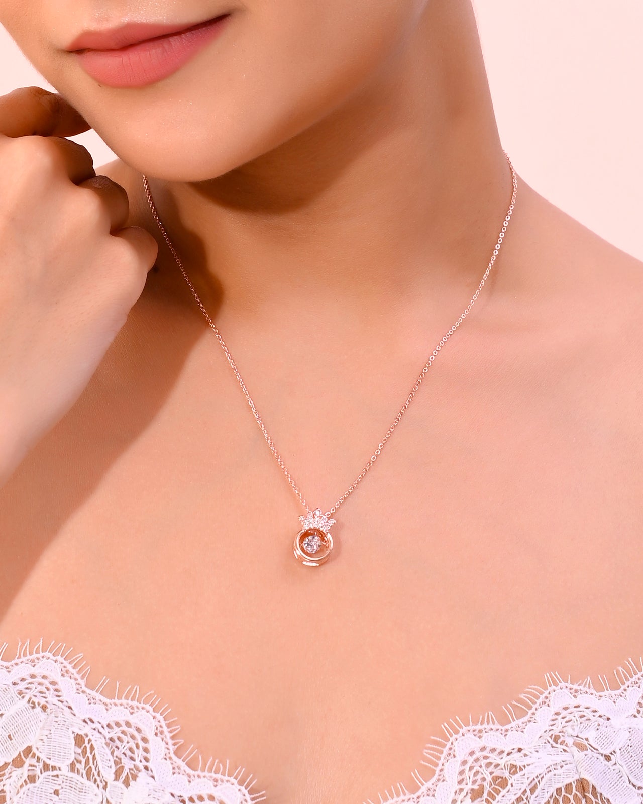 VOJ Rose Gold Plated Chain With AD Studded crown Shaped Pendent