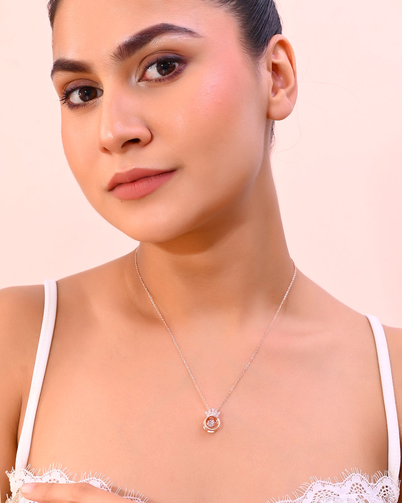 VOJ Rose Gold Plated Chain With AD Studded crown Shaped Pendent