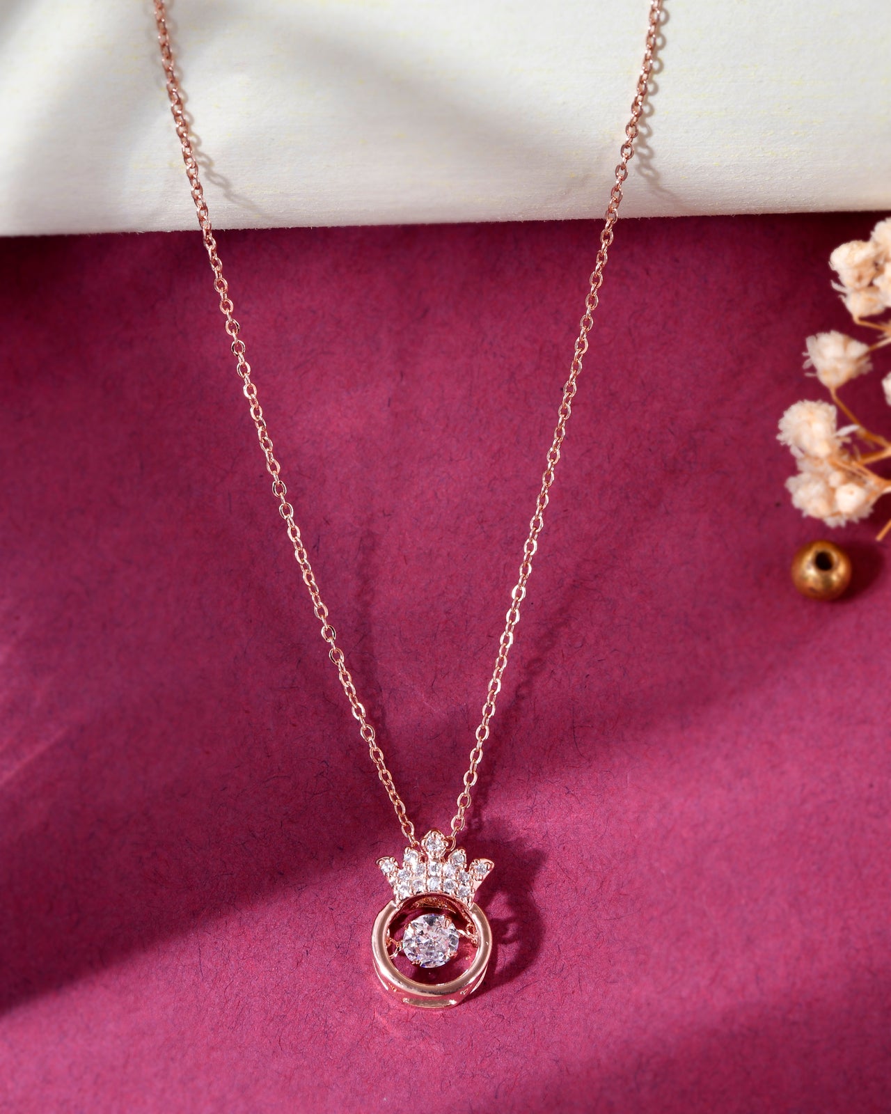 VOJ Rose Gold Plated Chain With AD Studded crown Shaped Pendent
