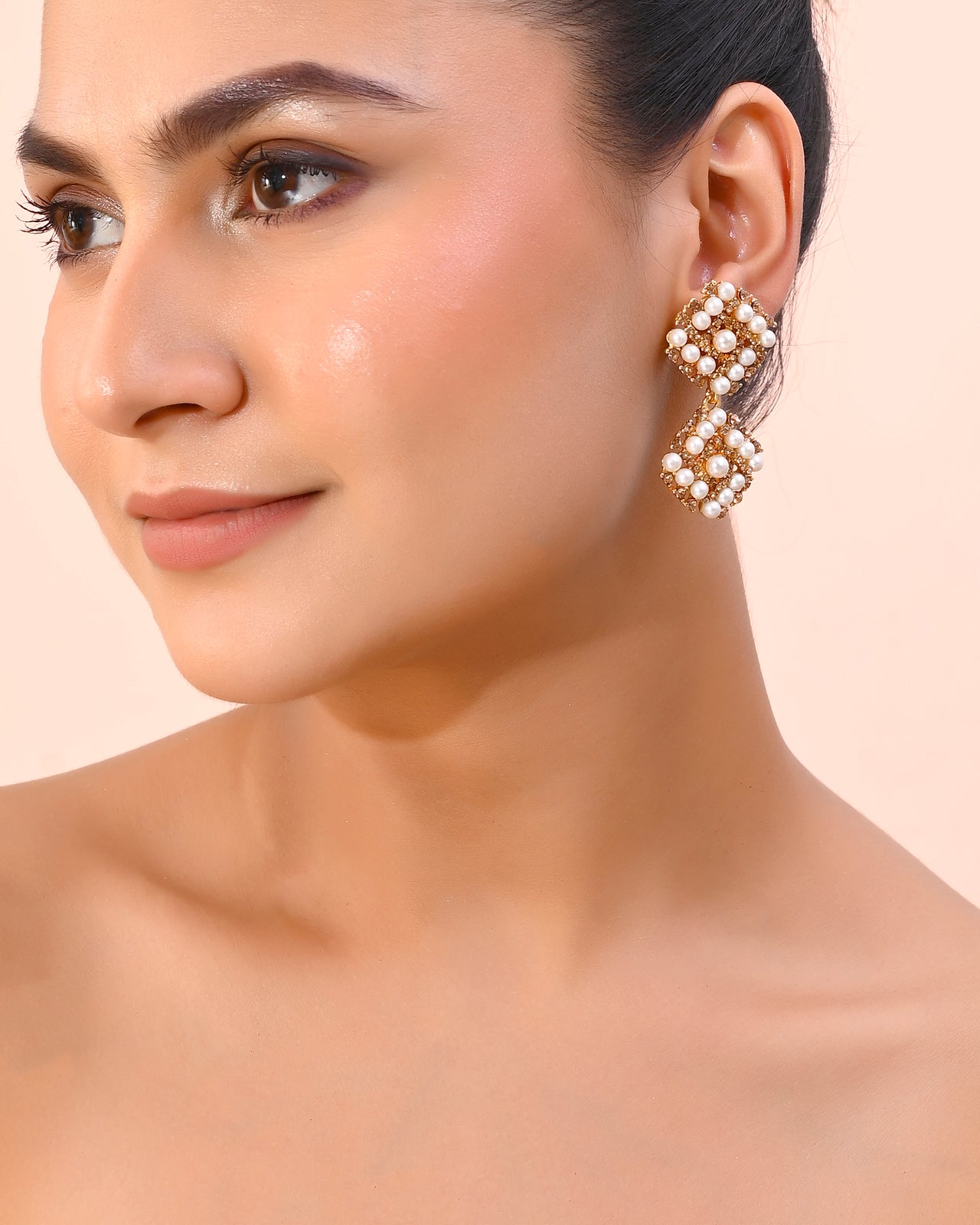 VOJ Gold Plated Pearl And Gold Stone Drop Stud Earrings