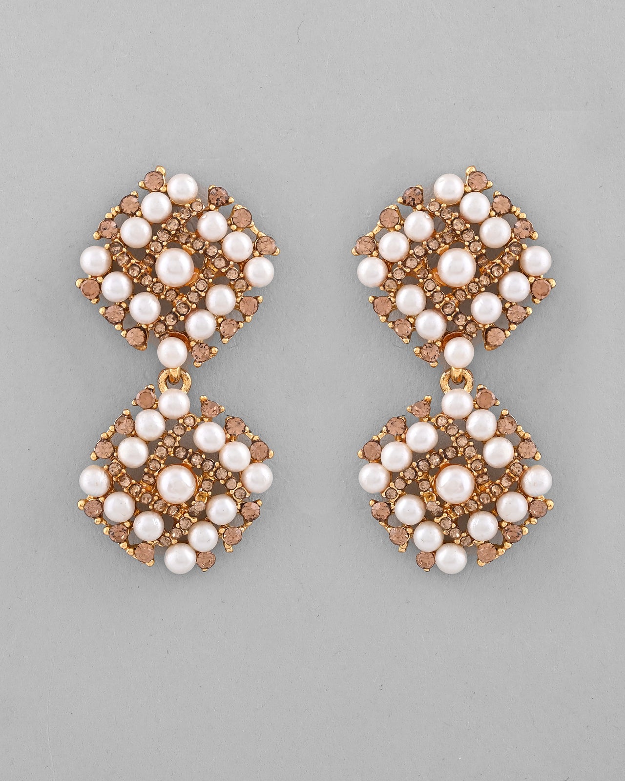 VOJ Gold Plated Pearl And Gold Stone Drop Stud Earrings
