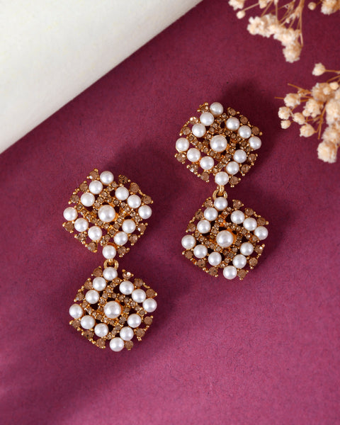 VOJ Gold Plated Pearl And Gold Stone Drop Stud Earrings