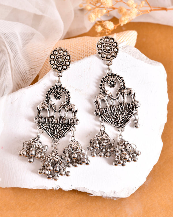 VOJ Silver-Plated Elephant Oxidized Contemporary Drop Earrings - Distacart