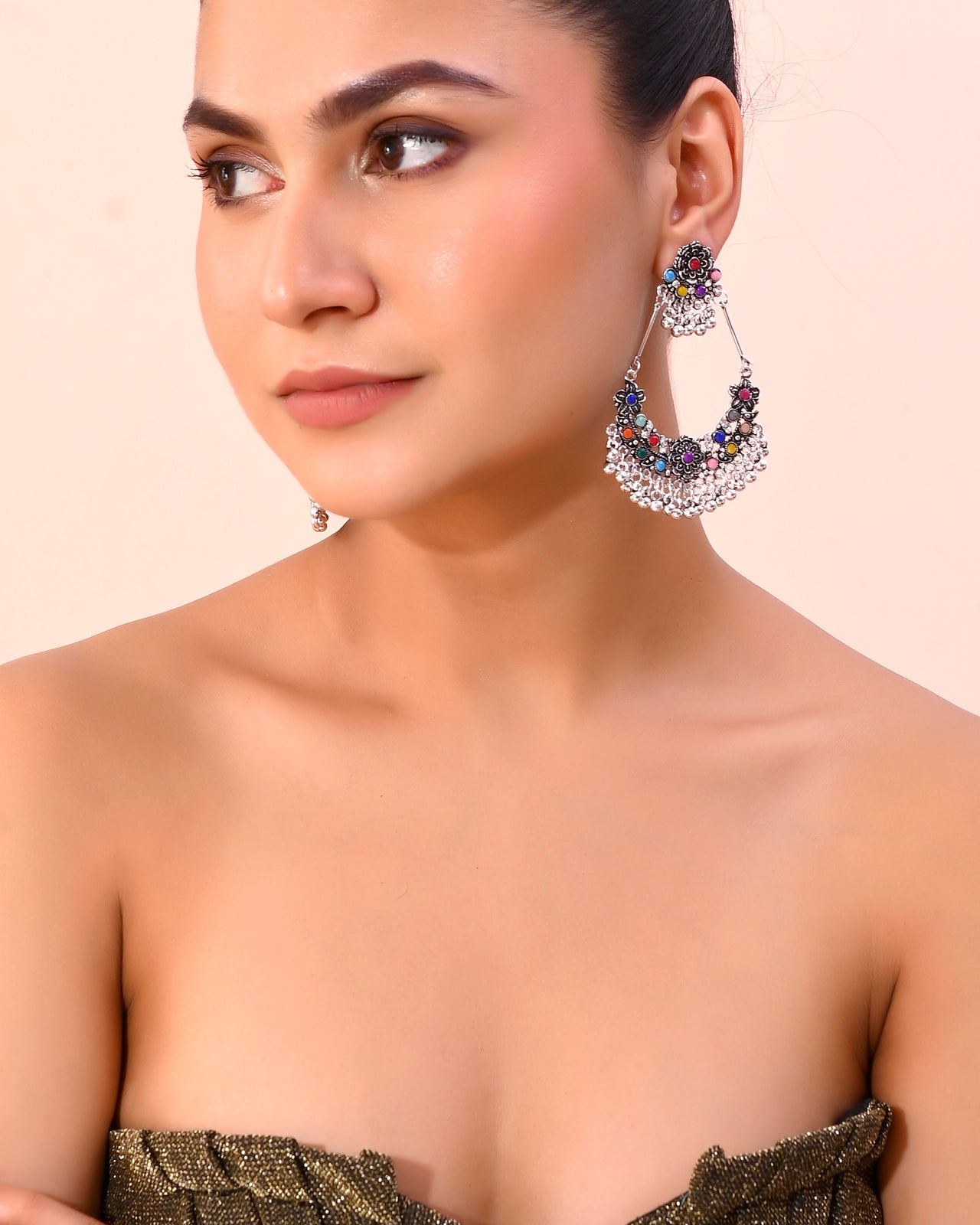 VOJ Silver-Plated multi Colour Flower Oxidized Shaped Drop Earrings