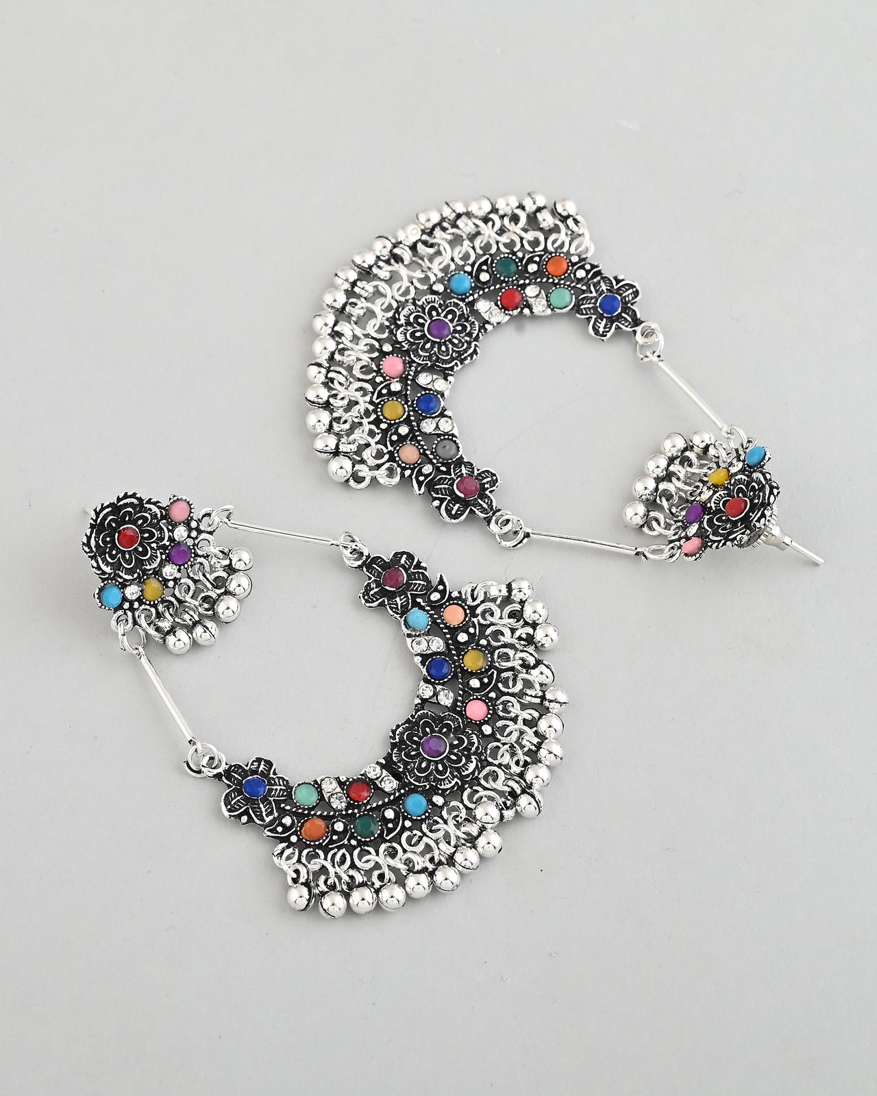VOJ Silver-Plated multi Colour Flower Oxidized Shaped Drop Earrings