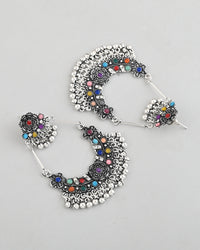 Thumbnail for VOJ Silver-Plated multi Colour Flower Oxidized Shaped Drop Earrings