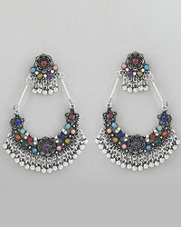 Thumbnail for VOJ Silver-Plated multi Colour Flower Oxidized Shaped Drop Earrings
