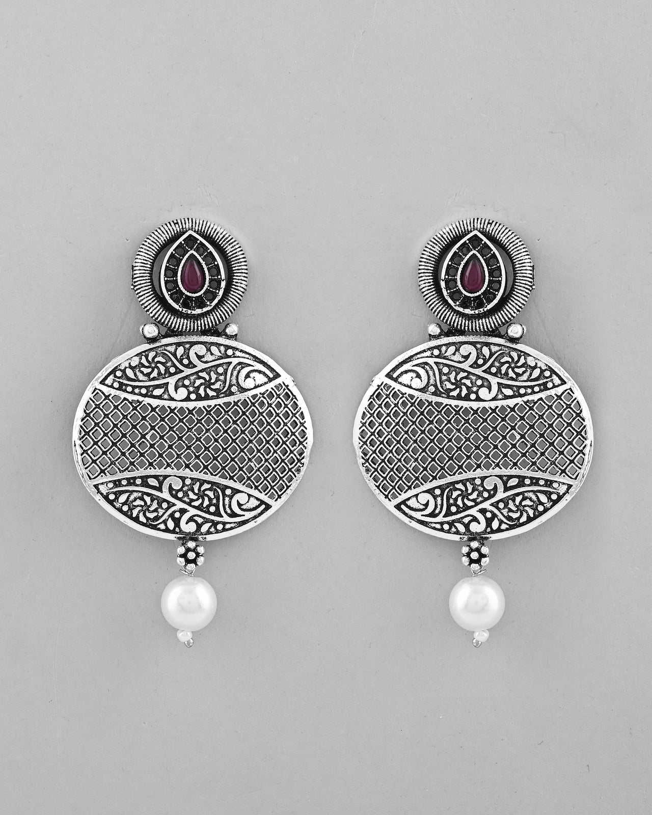 VOJ Rhodium-Plated Oxidized Contemporary With Pearl Earrings