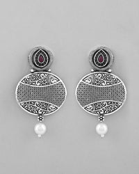 Thumbnail for VOJ Rhodium-Plated Oxidized Contemporary With Pearl Earrings