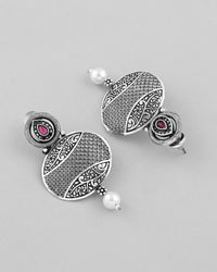 Thumbnail for VOJ Rhodium-Plated Oxidized Contemporary With Pearl Earrings