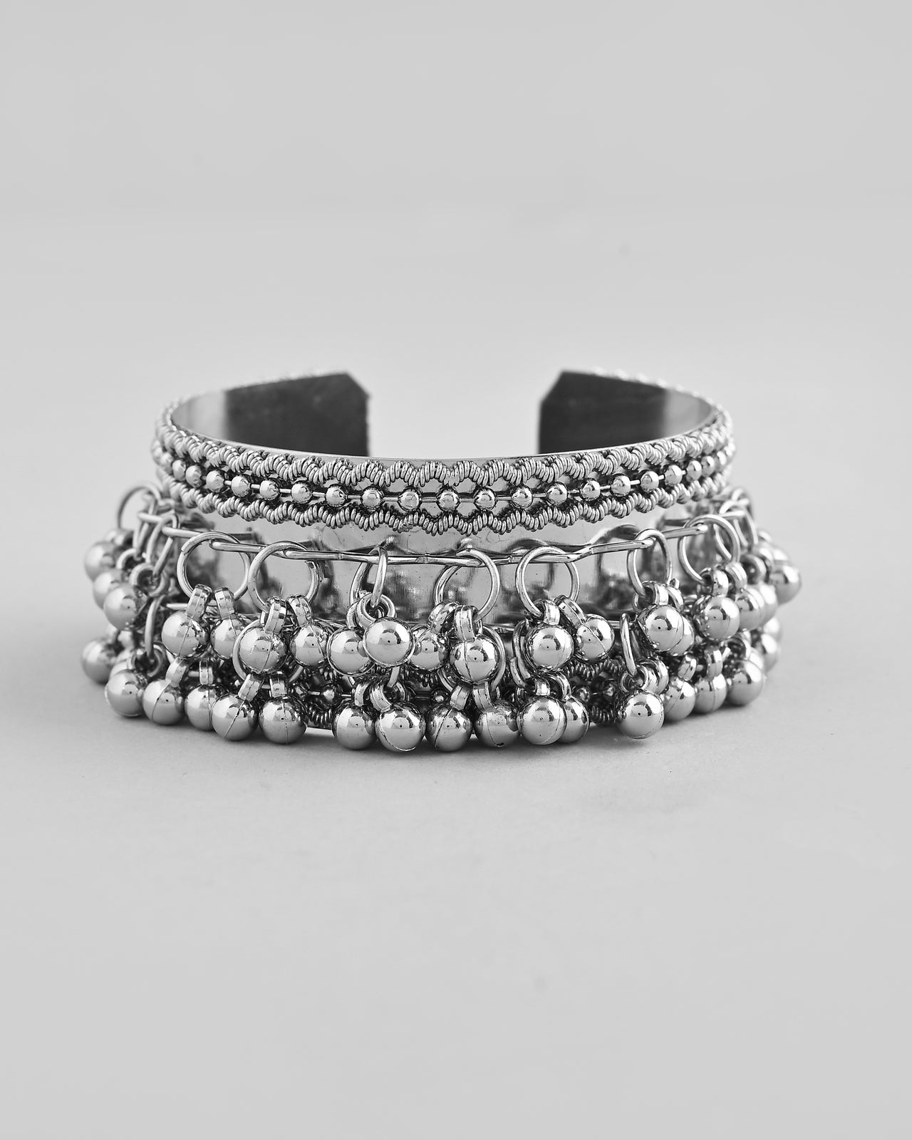 VOJ Silver-Plated Ghungroo Studded Oxidized Cuff Bracelet