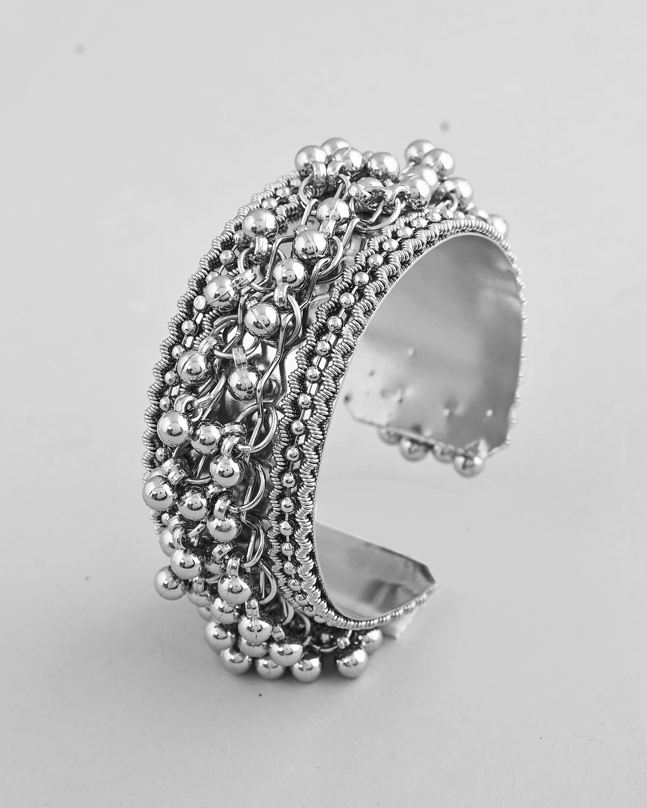 VOJ Silver-Plated Ghungroo Studded Oxidized Cuff Bracelet
