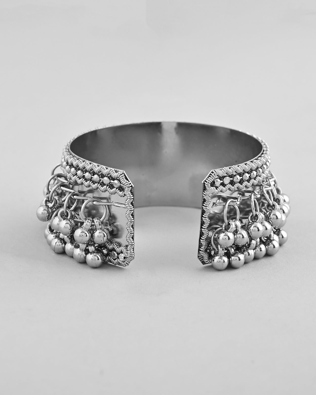 VOJ Silver-Plated Ghungroo Studded Oxidized Cuff Bracelet