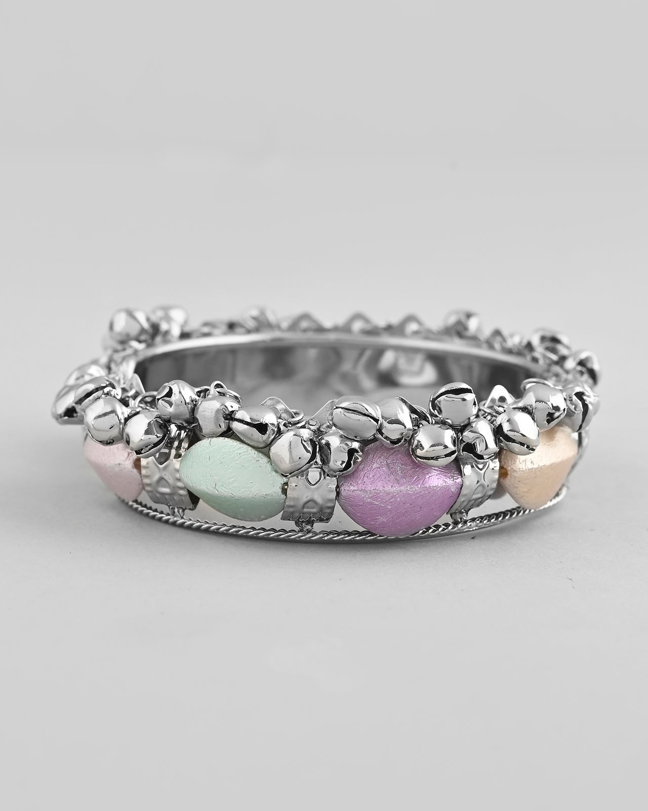 VOJ Silver-Plated Multi Colour Stone Studded Oxidized Cuff Bracelet