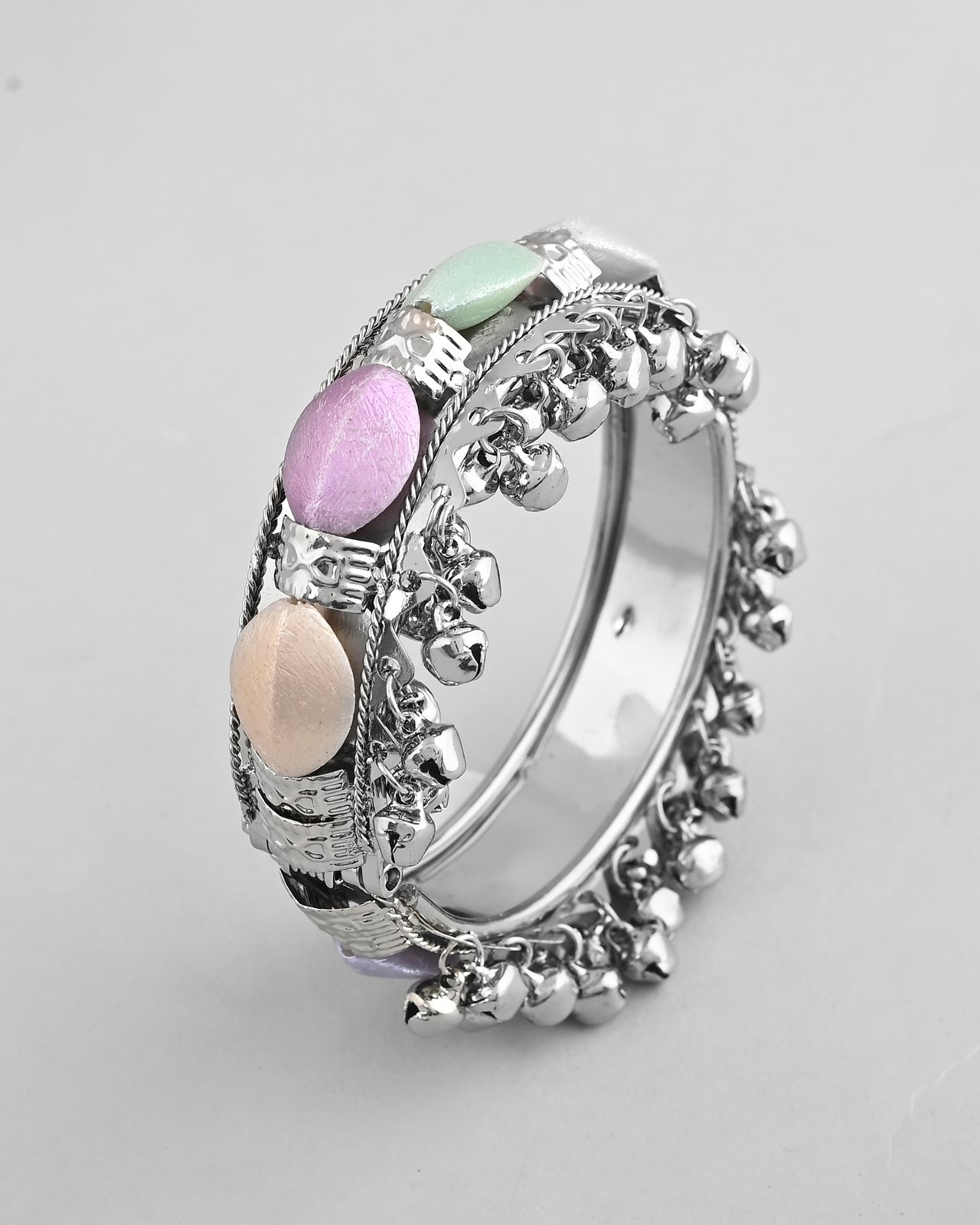 VOJ Silver-Plated Multi Colour Stone Studded Oxidized Cuff Bracelet