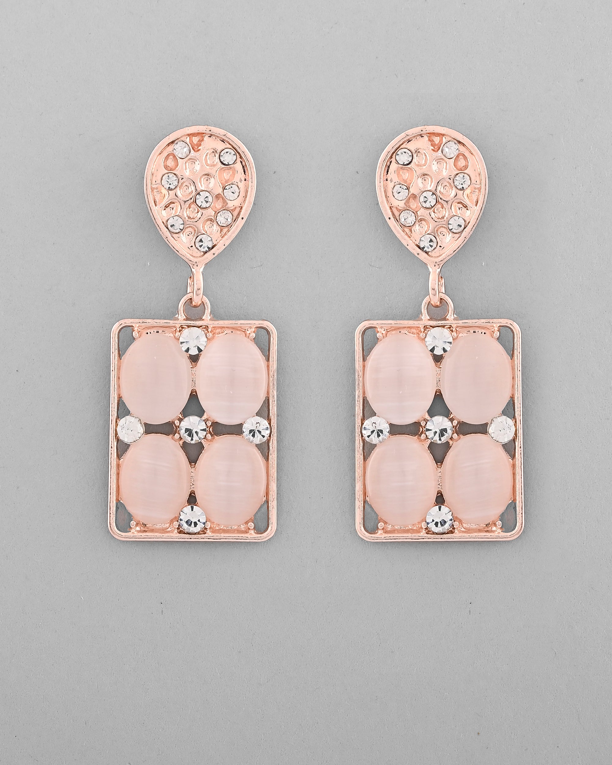 VOJ Rose Gold-Polished Stone Studded Rectangular Drop Earrings - Distacart