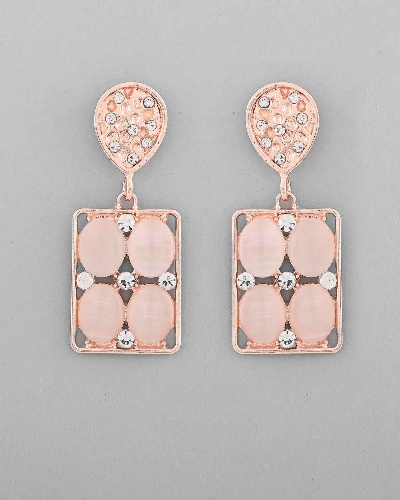 VOJ Rose Gold Plated Stone Studded Rectangular Drop Earrings