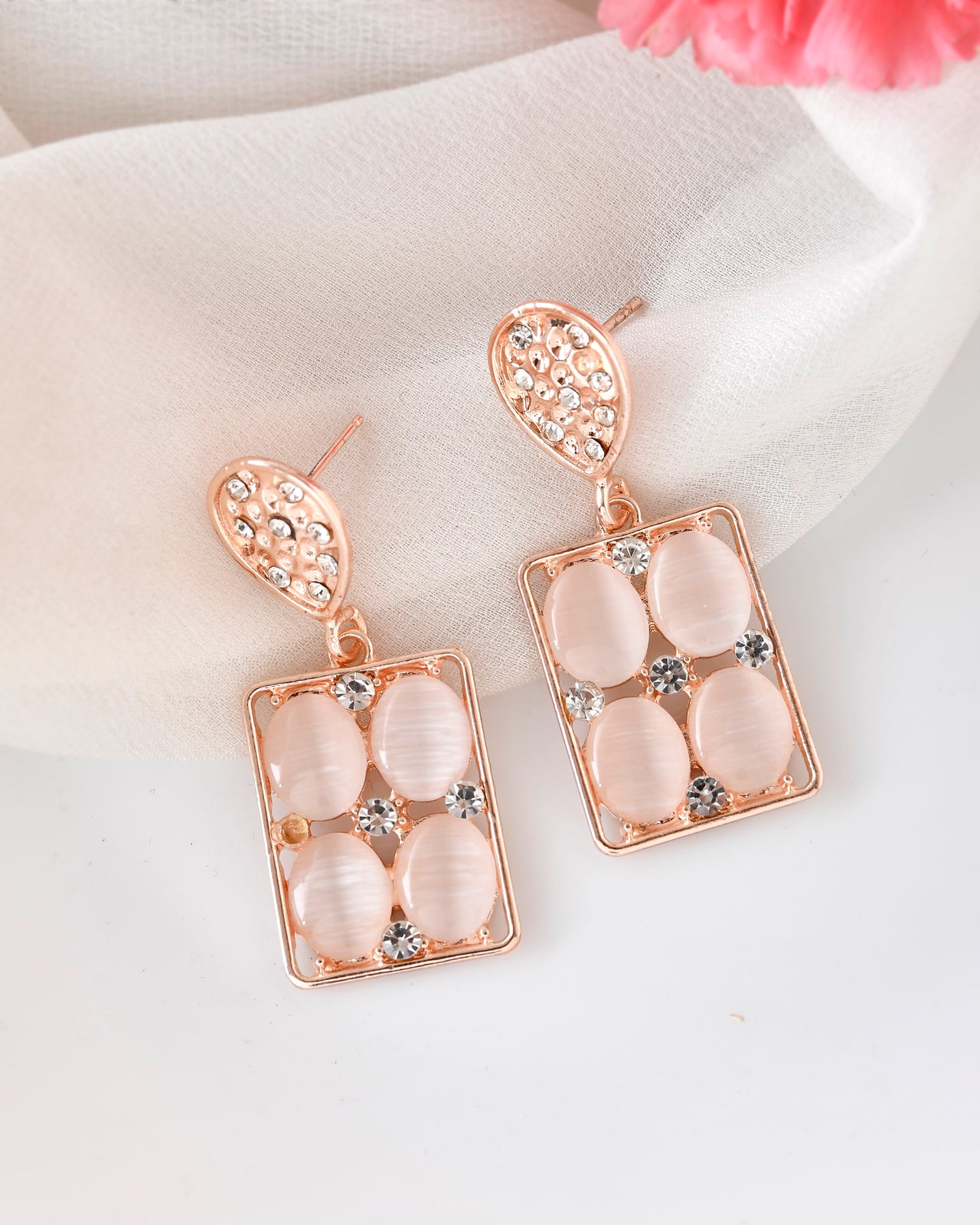 VOJ Rose Gold Plated Stone Studded Rectangular Drop Earrings