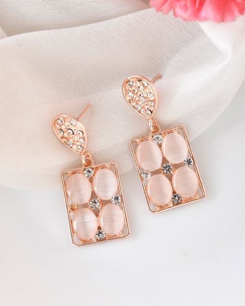 VOJ Rose Gold Plated Stone Studded Rectangular Drop Earrings