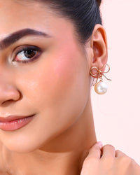 Thumbnail for VOJ Gold Plated Pearl & Bow Shaped Classic Drop Earrings