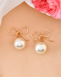 Thumbnail for VOJ Gold Plated Pearl & Bow Shaped Classic Drop Earrings