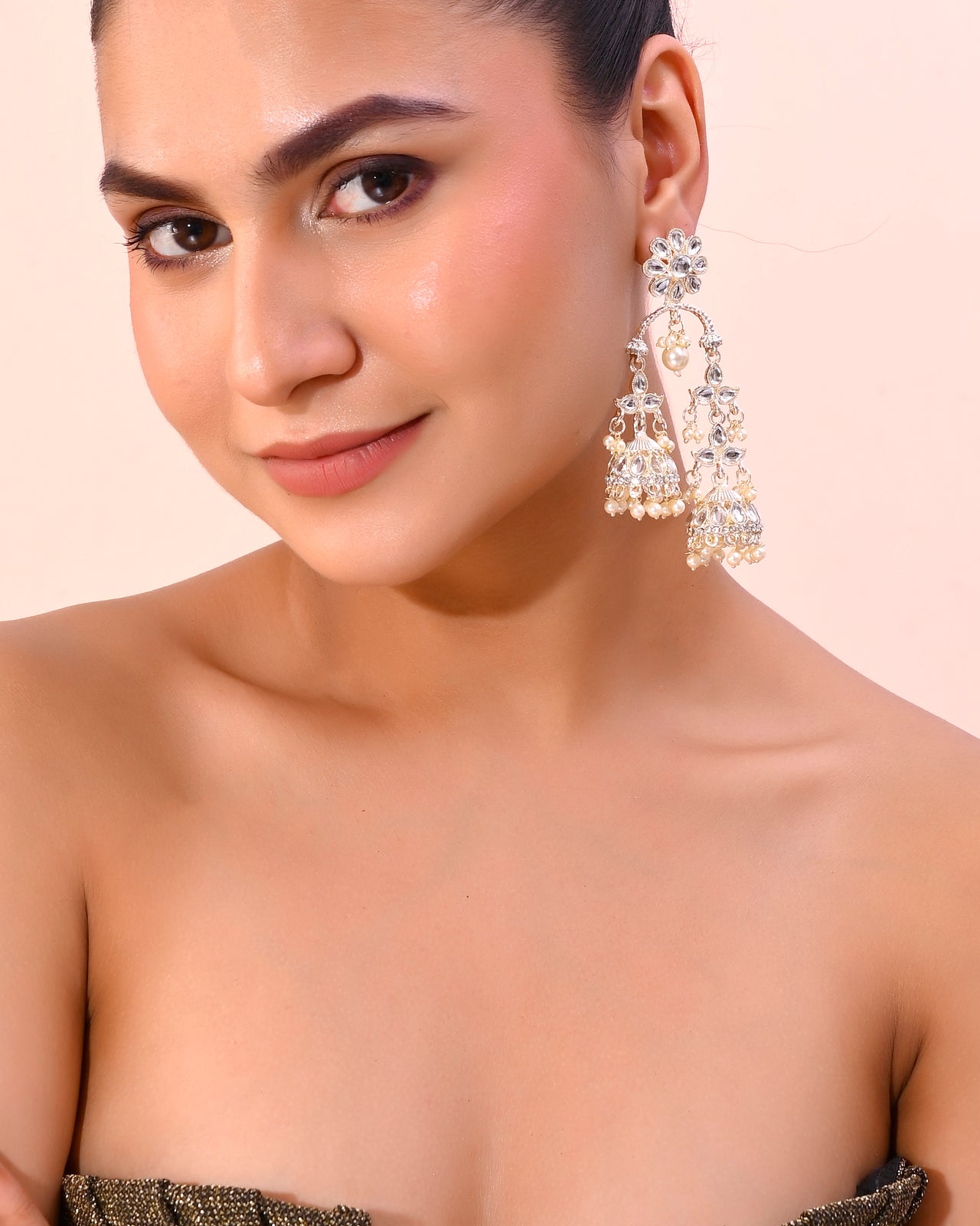 VOJ Gold plated Kundan Contemporary Up & Down Jhumka Earrings