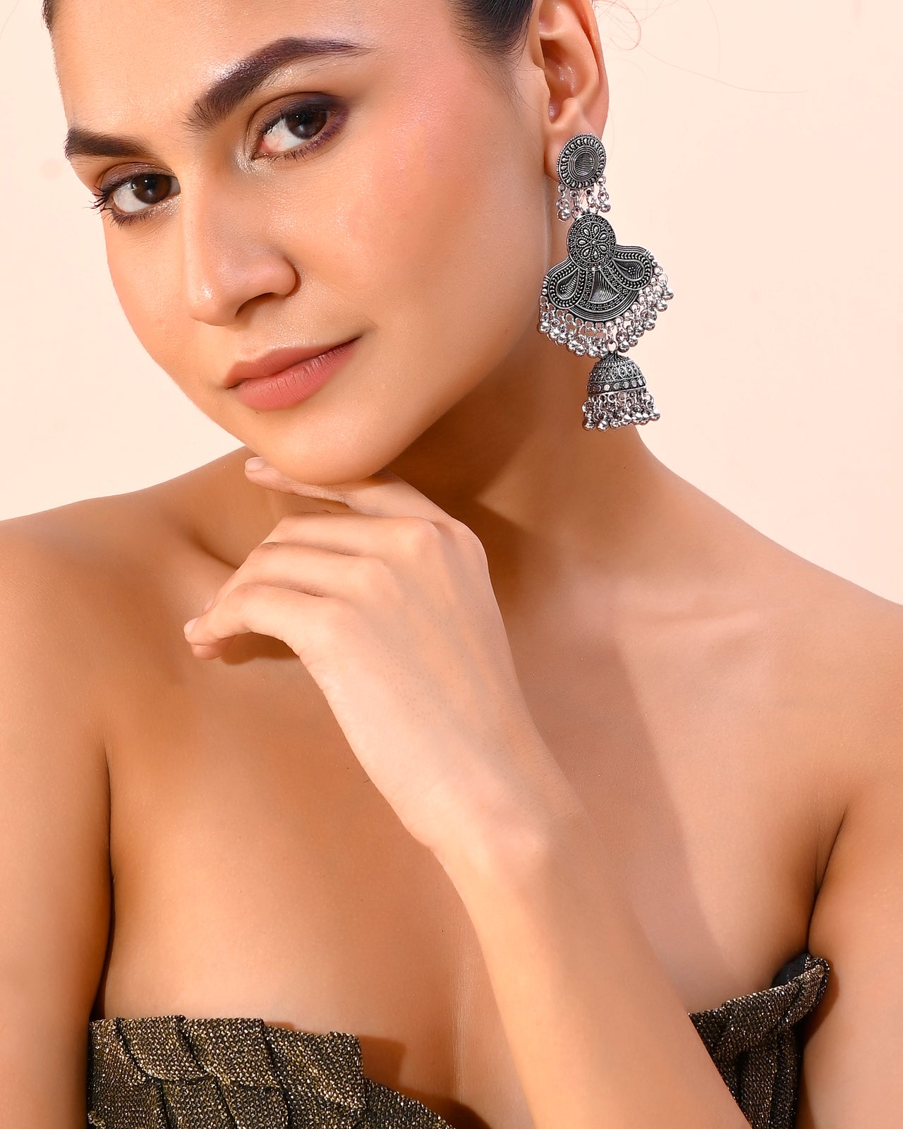 VOJ Silver plated Oxidized Contemporary Jhumka Earrings