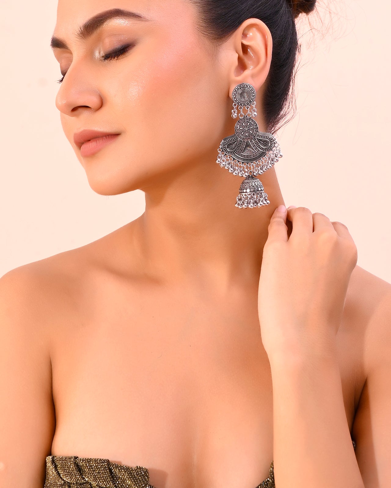 VOJ Silver plated Oxidized Contemporary Jhumka Earrings