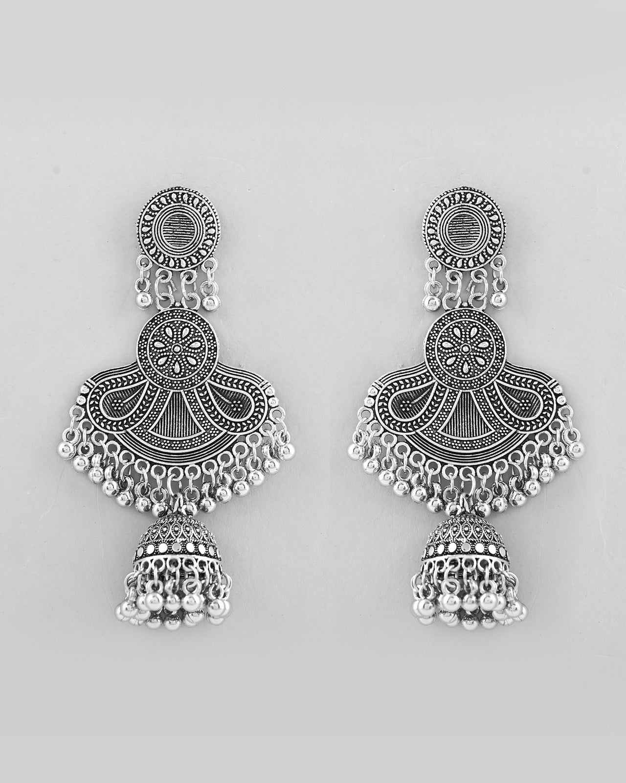 VOJ Silver plated Oxidized Contemporary Jhumka Earrings