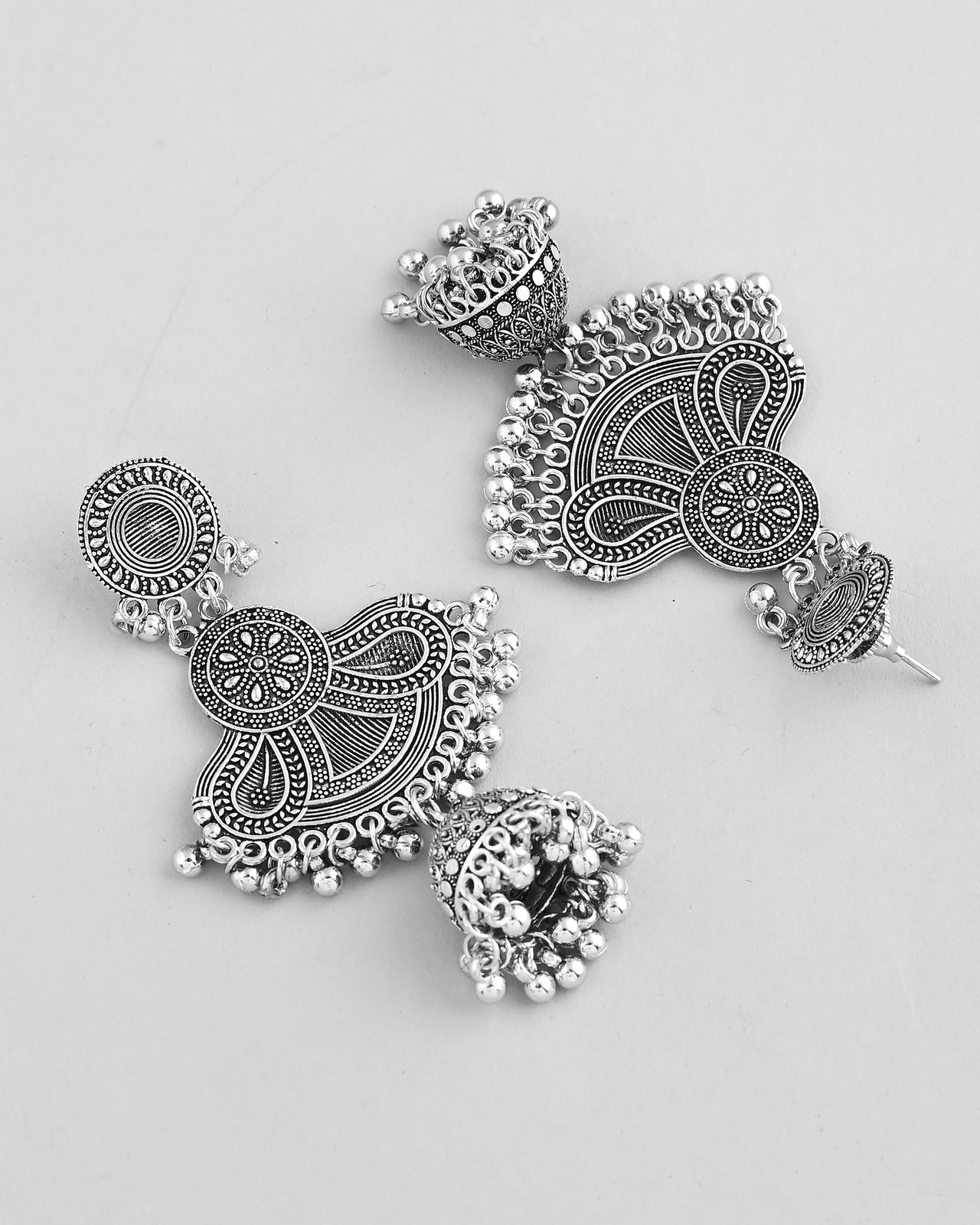 VOJ Silver plated Oxidized Contemporary Jhumka Earrings