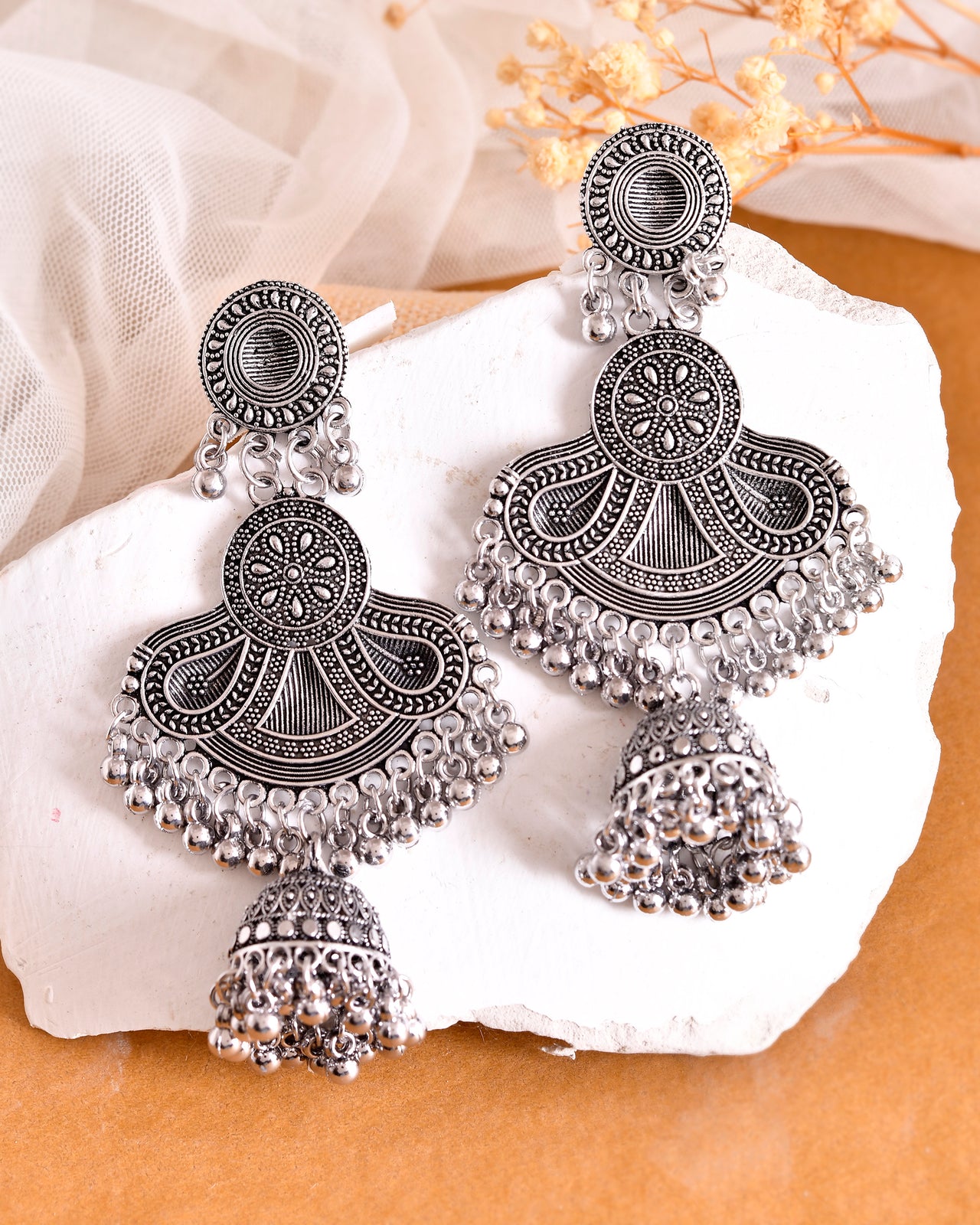 VOJ Silver plated Oxidized Contemporary Jhumka Earrings